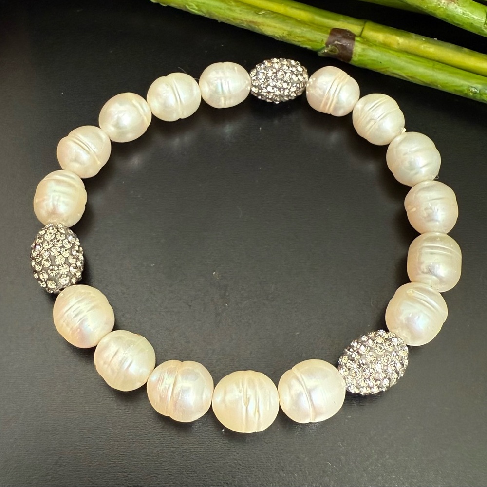 Natural Freshwater Cultured Pearl Disco Ball Crystal Beads Stretch Bracelet